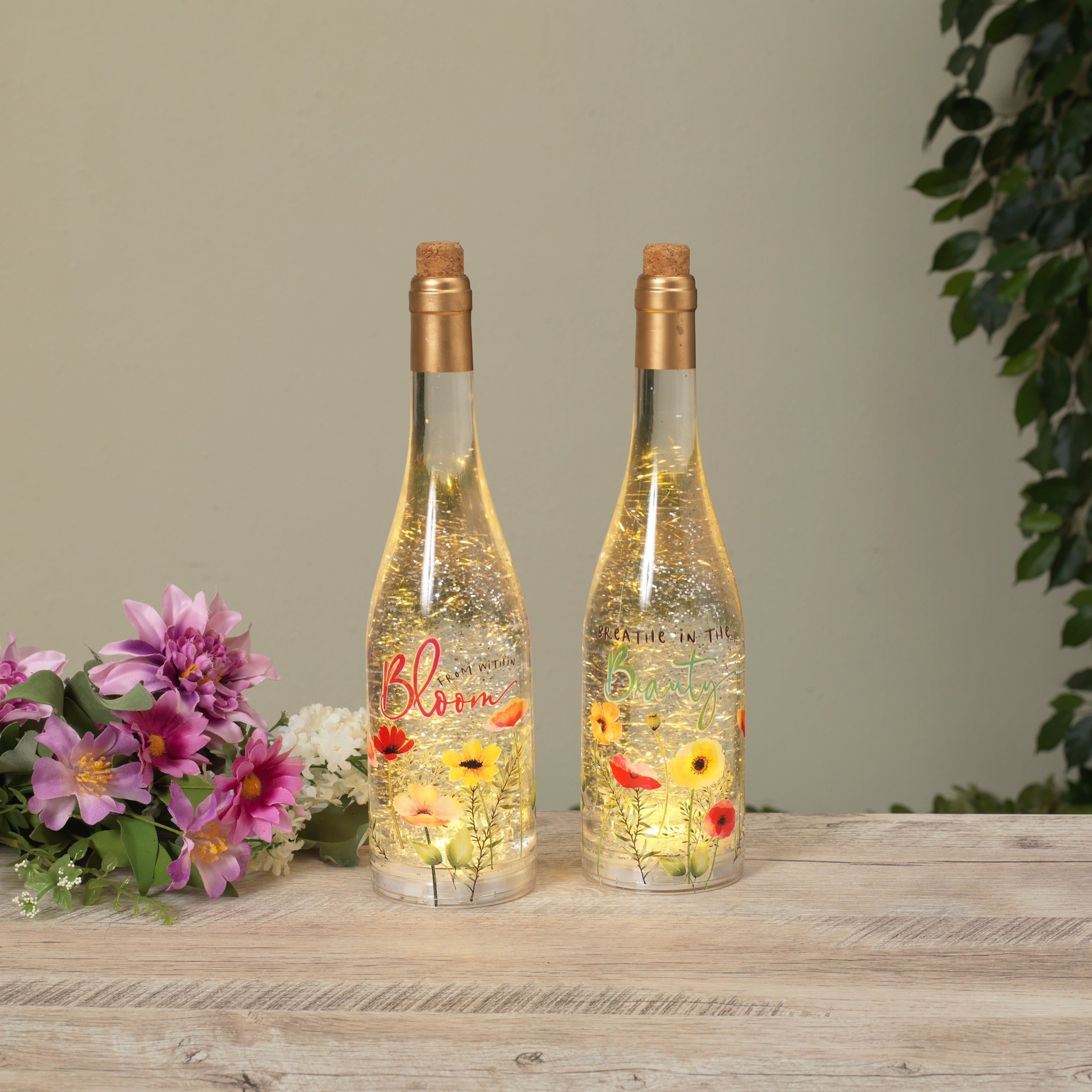12.5 Inch Lighted Spinning Water Globe Bottles with Poppy Flower Design and Timer Set of 2